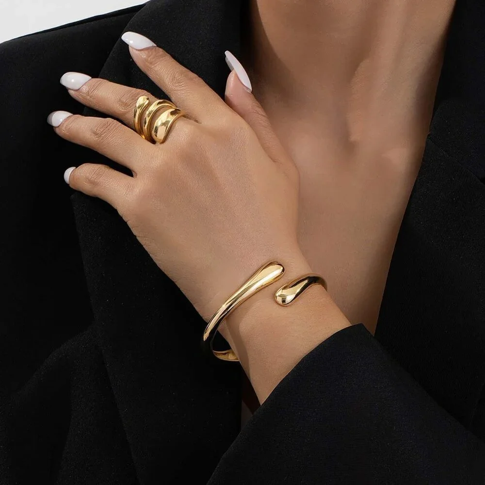 Gold 2 Pc Bangle Bracelets for Women and Teens Adjustable Chunky Twist Cuff - Picture 5 of 7